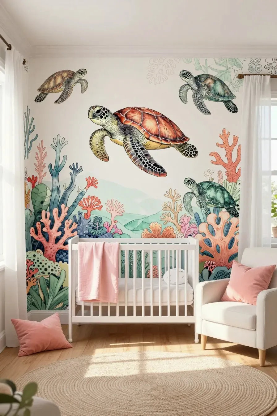 A whimsical nursery with sea turtle and coral reef wallpaper and soft peach accents.