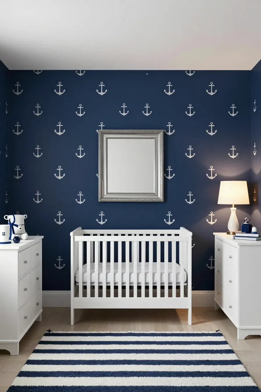 A traditional nautical nursery with navy anchor wallpaper and white furniture.