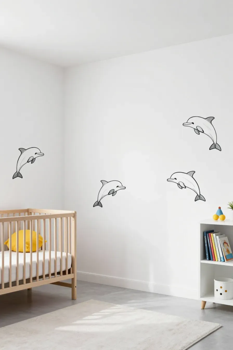 A modern minimalist nursery with simple black line dolphin sketches on white walls.