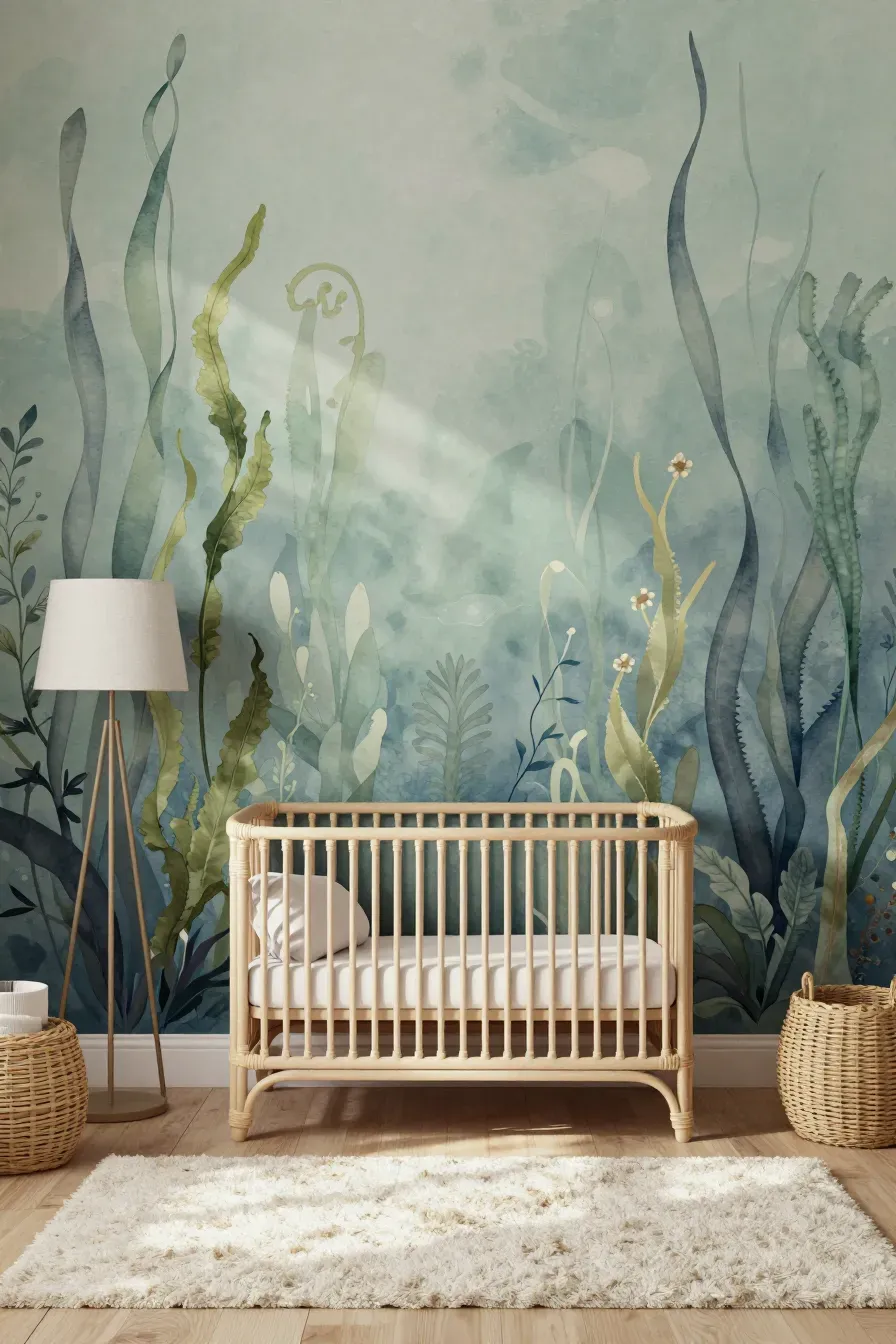 A serene nursery with sage green kelp forest wallpaper and a rattan crib.