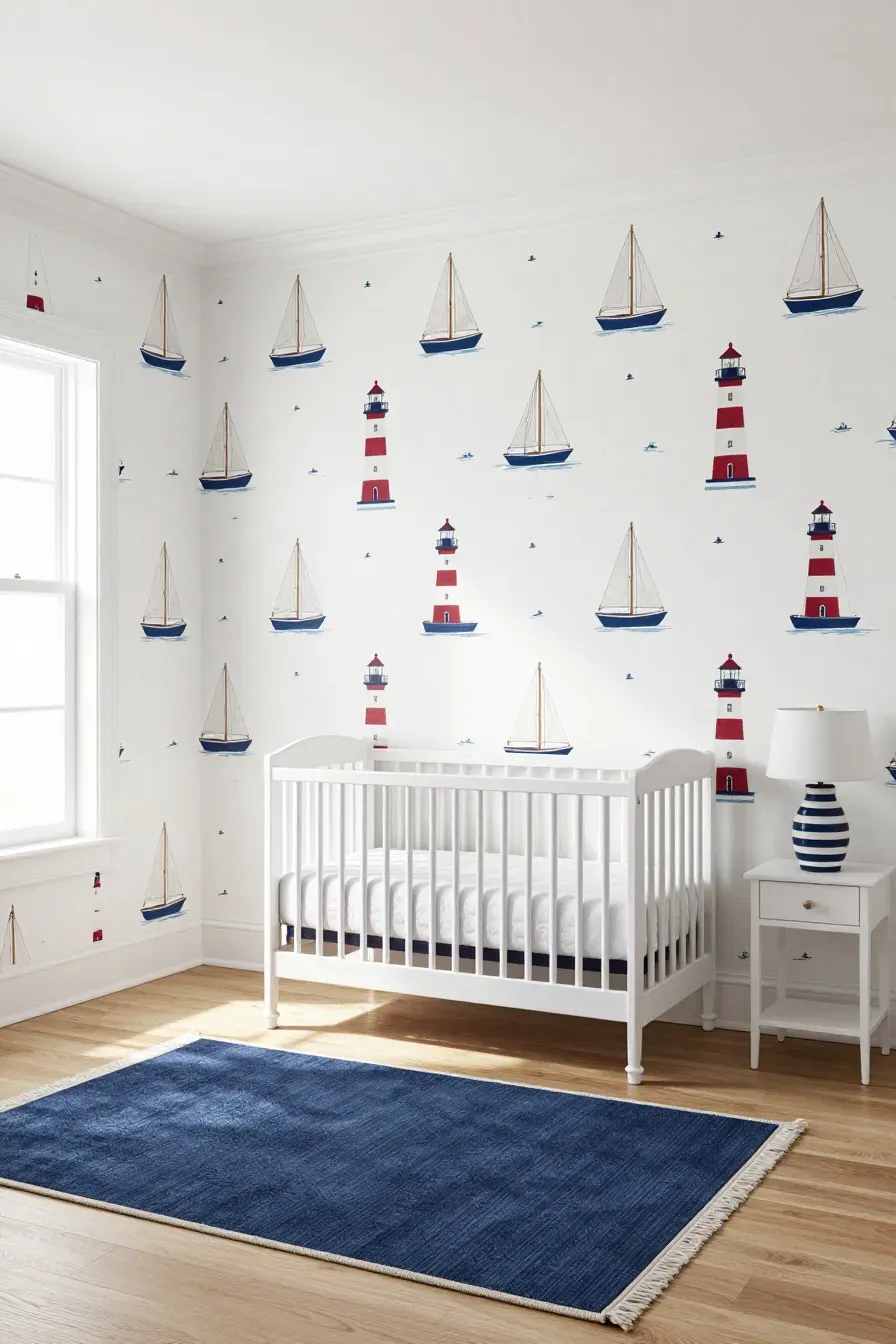 A coastal nursery with sailboat and lighthouse wallpaper, a white crib, and a navy rug.