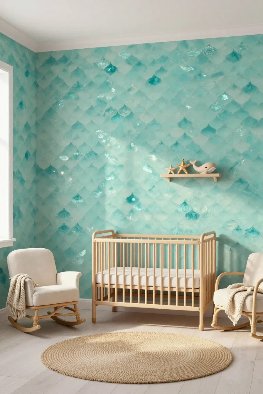 A whimsical nursery with teal fish-scale wallpaper, a rattan crib, and a cream rocking chair.