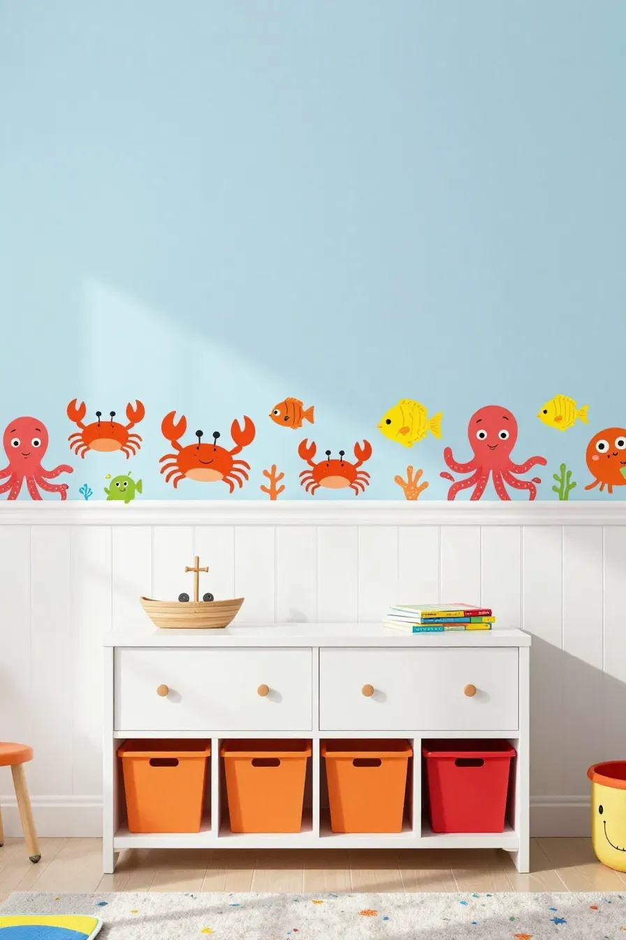 A nursery wall with a sea creature border featuring crabs and octopuses above white wainscoting.