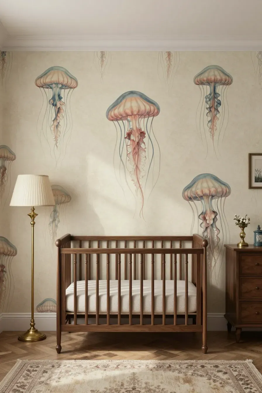 An elegant nursery with vintage jellyfish illustration wallpaper and dark walnut furniture.
