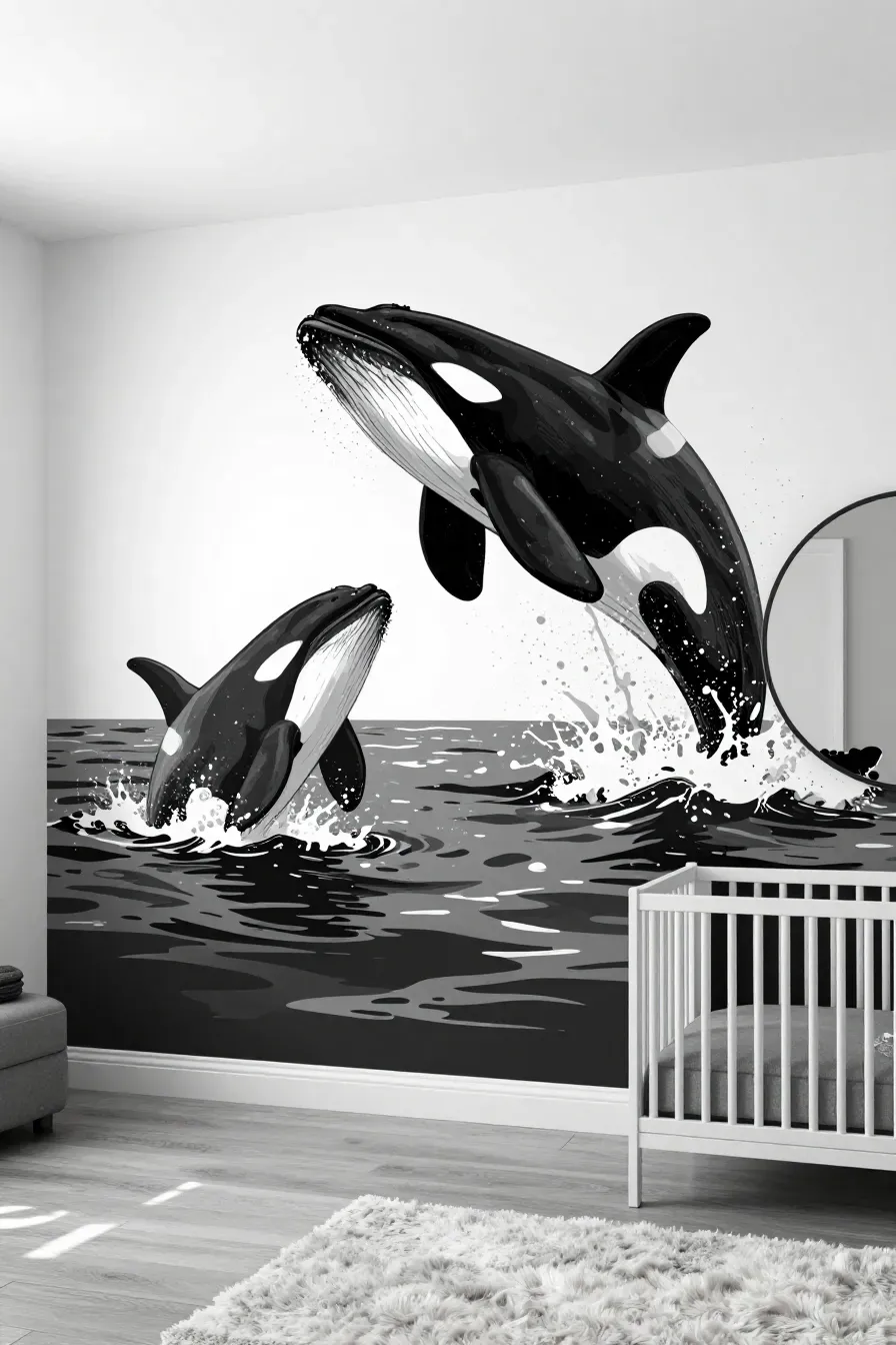 A bold nursery mural featuring breaching orcas and humpback whales in black and white.