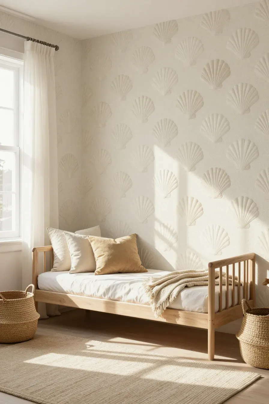 A warm, sun-lit nursery with beige scallop shell wallpaper and light wood furniture.