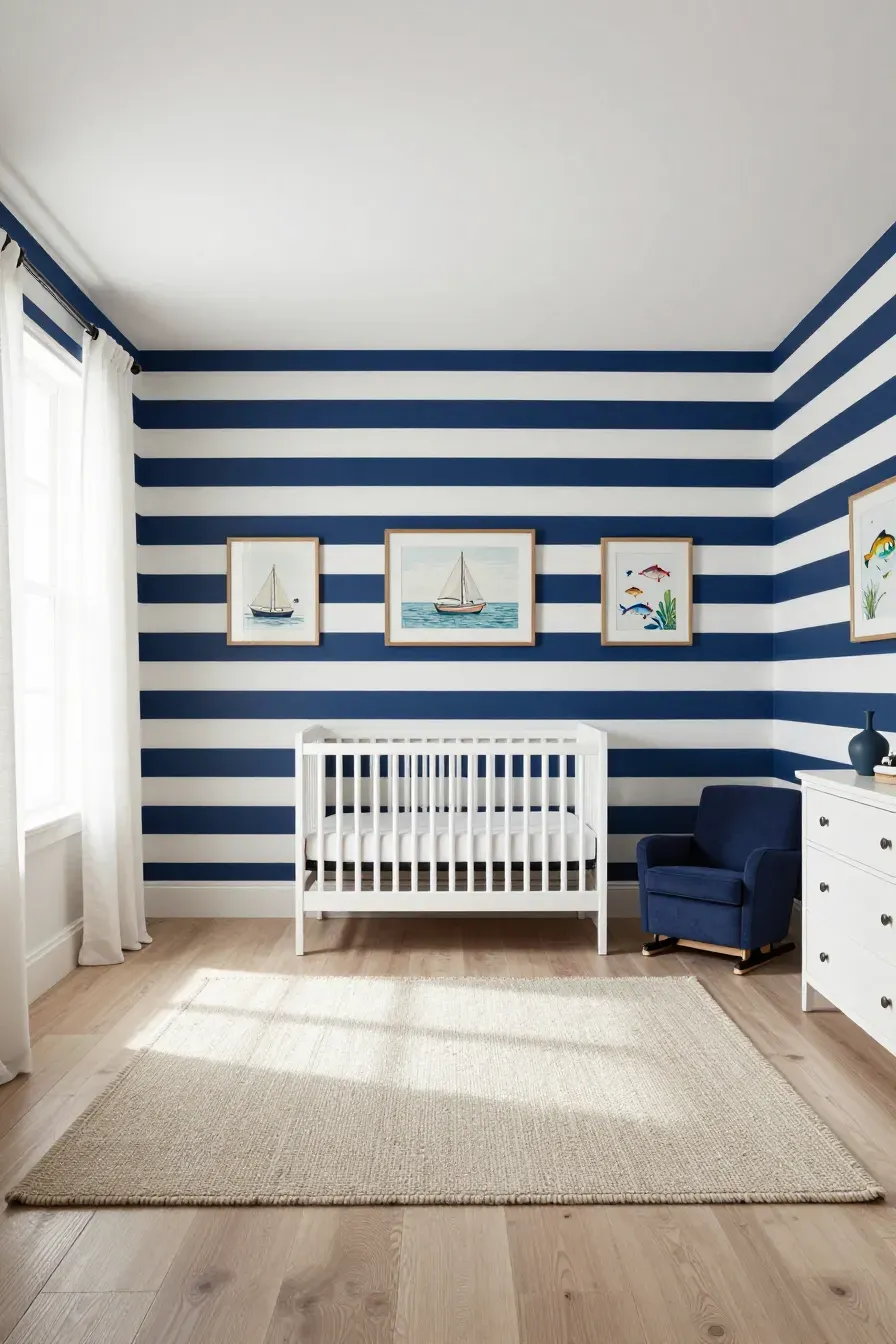 A coastal nursery with navy and white horizontal striped wallpaper and white wooden furniture.
