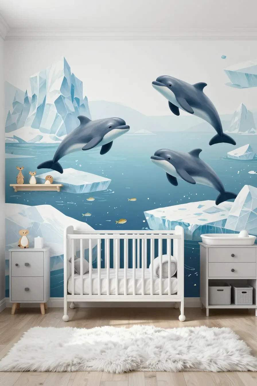 A bright nursery featuring narwhal and iceberg print wallpaper with light gray furniture.