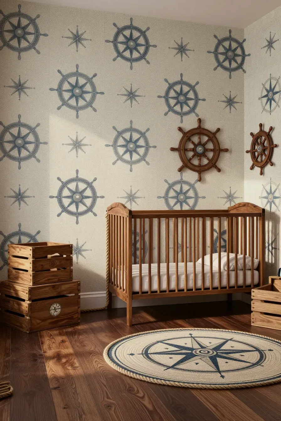 A nautical nursery with compass and ship wheel wallpaper, wooden crates, and rope accents.