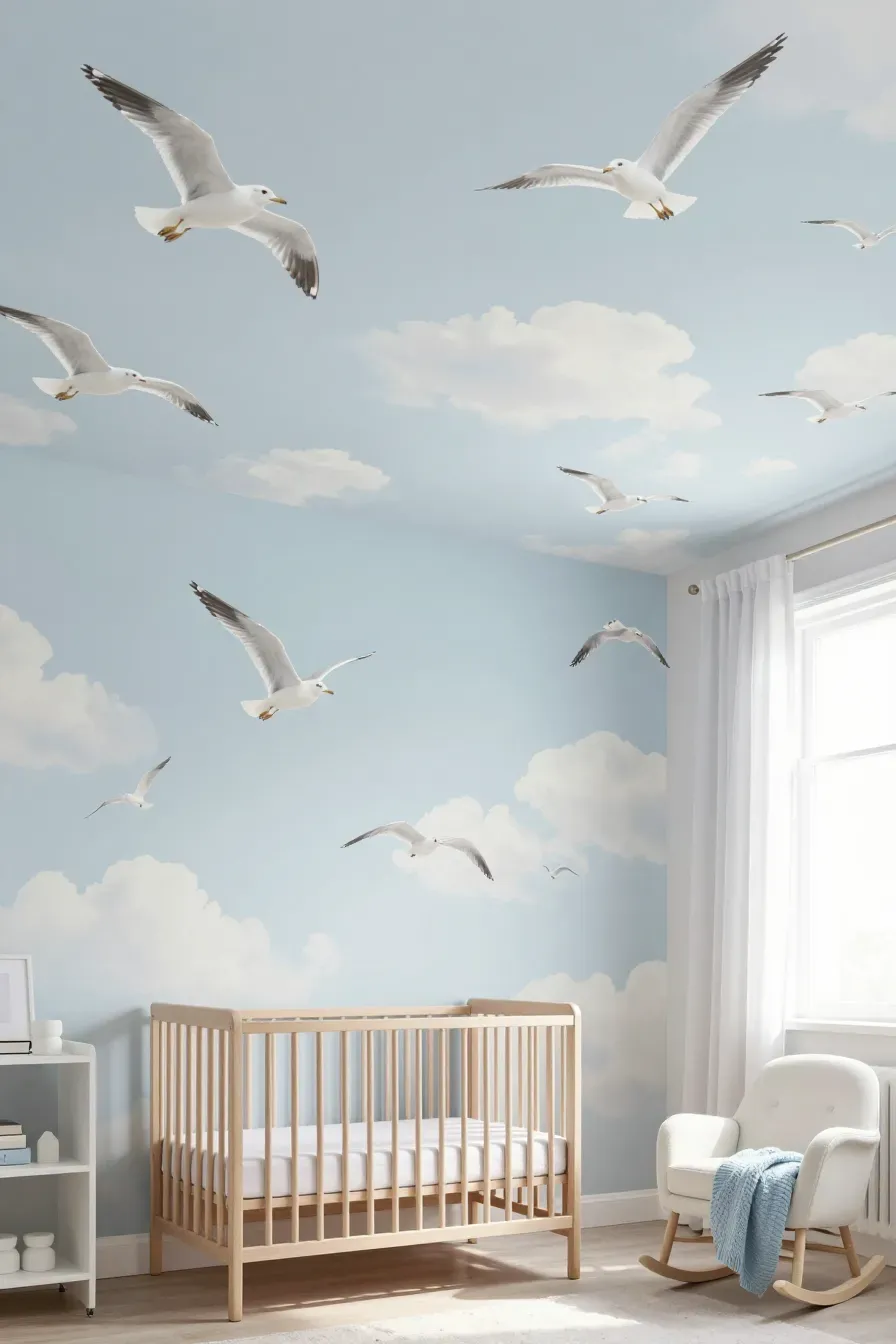 An airy nursery with light blue wallpaper featuring white seagulls and clouds.