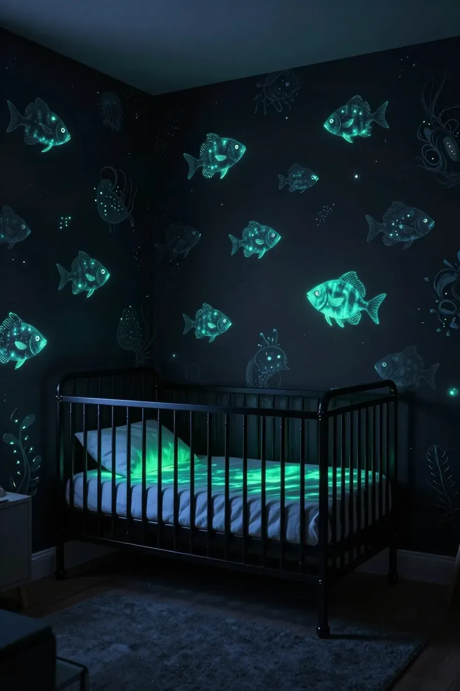 A moody nursery with dark charcoal wallpaper featuring glowing anglerfish illustrations.