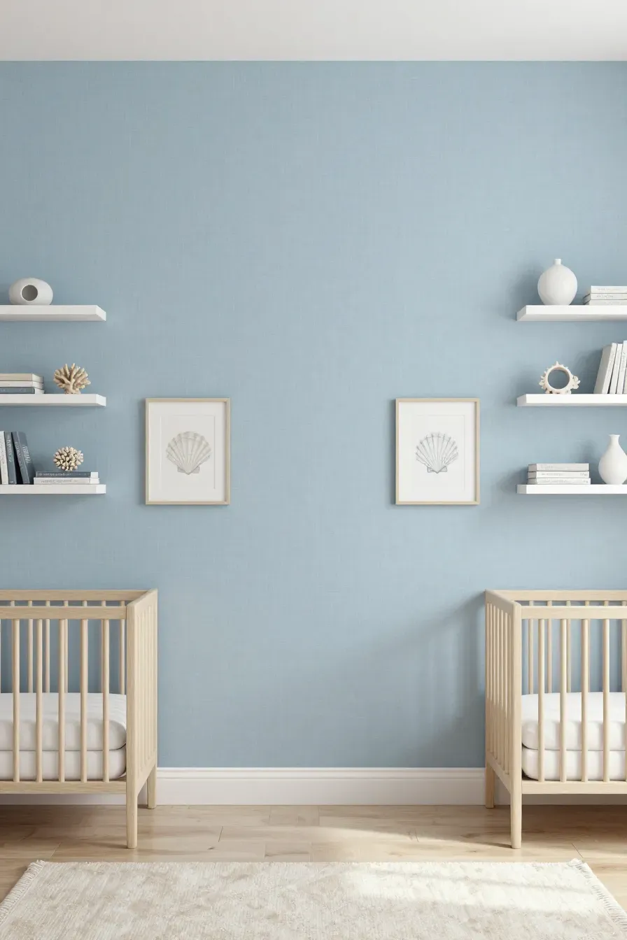 A minimalist nursery with textured mist blue linen-look wallpaper and white shelving.