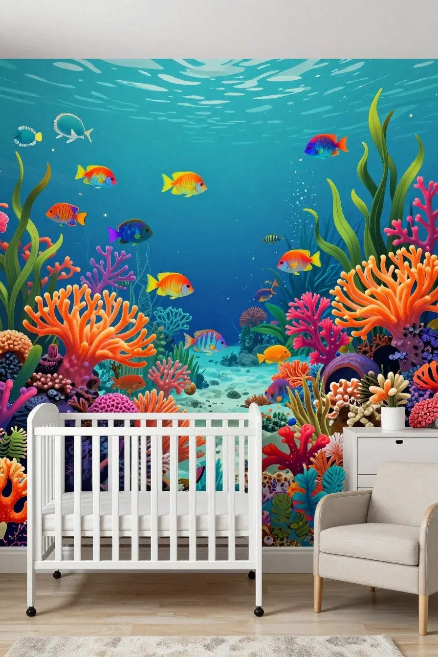 A colorful nursery with a vibrant tropical reef and neon fish wallpaper mural.