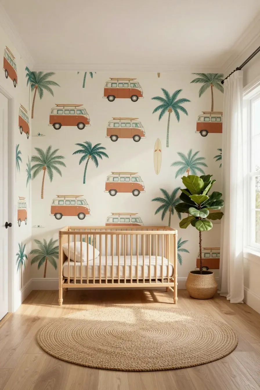 A coastal nursery with retro surf van wallpaper, a rattan crib, and a jute rug in golden light.