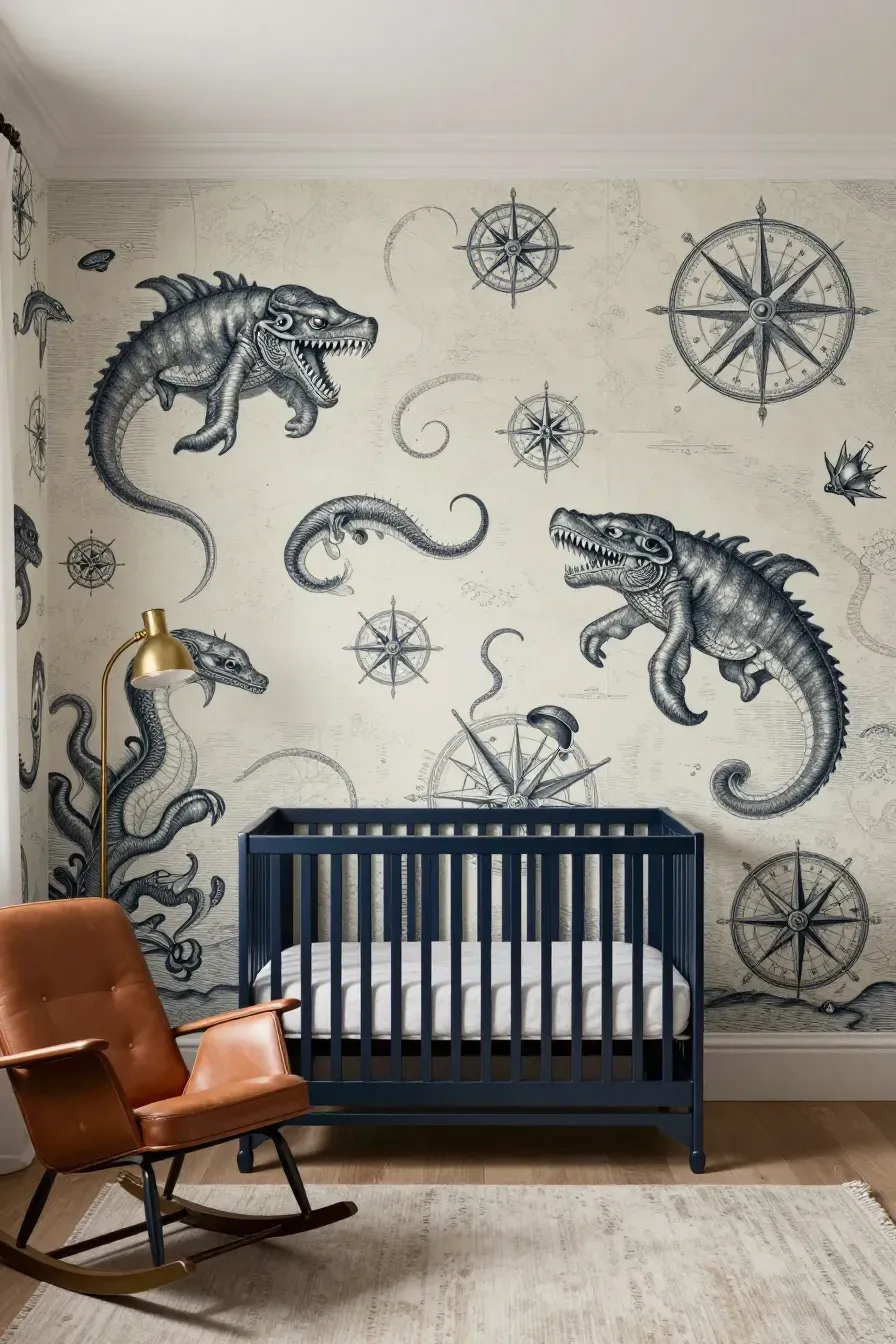A sophisticated nursery with vintage map wallpaper featuring mythical sea monsters and a navy crib.