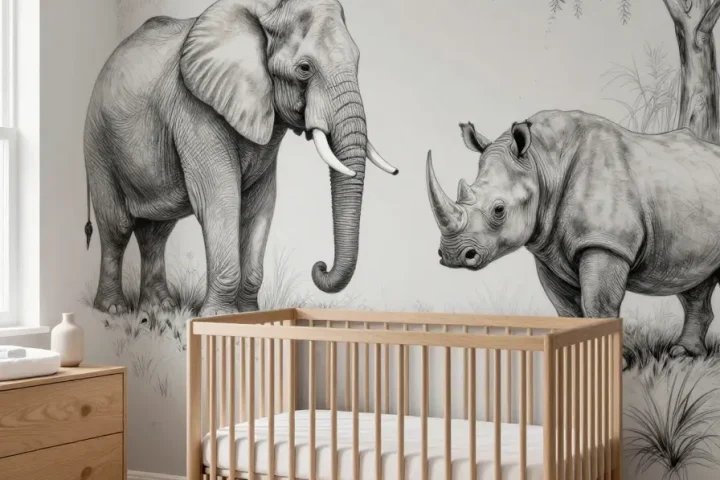 A modern nursery with a black and white graphite animal mural and light oak furniture.