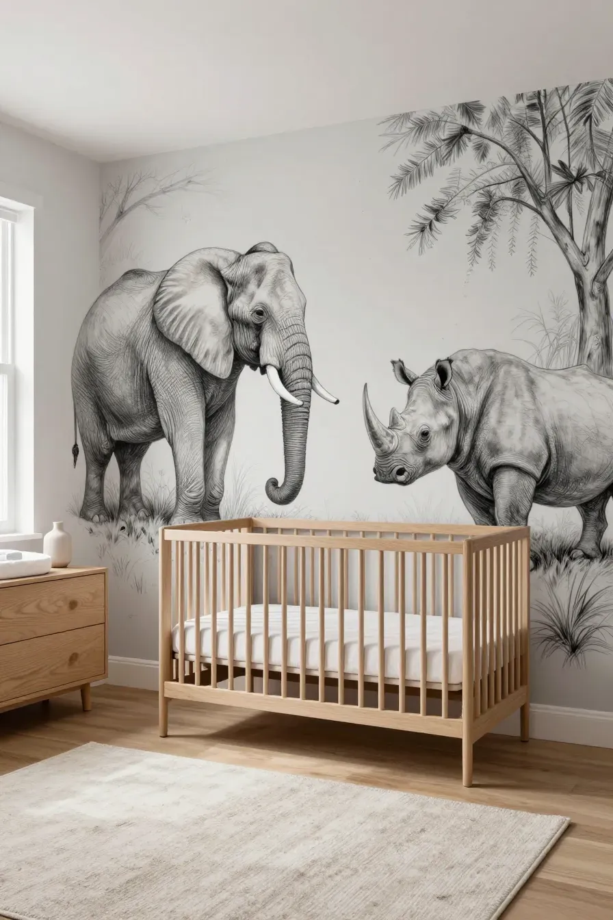 A modern nursery with a black and white graphite animal mural and light oak furniture.