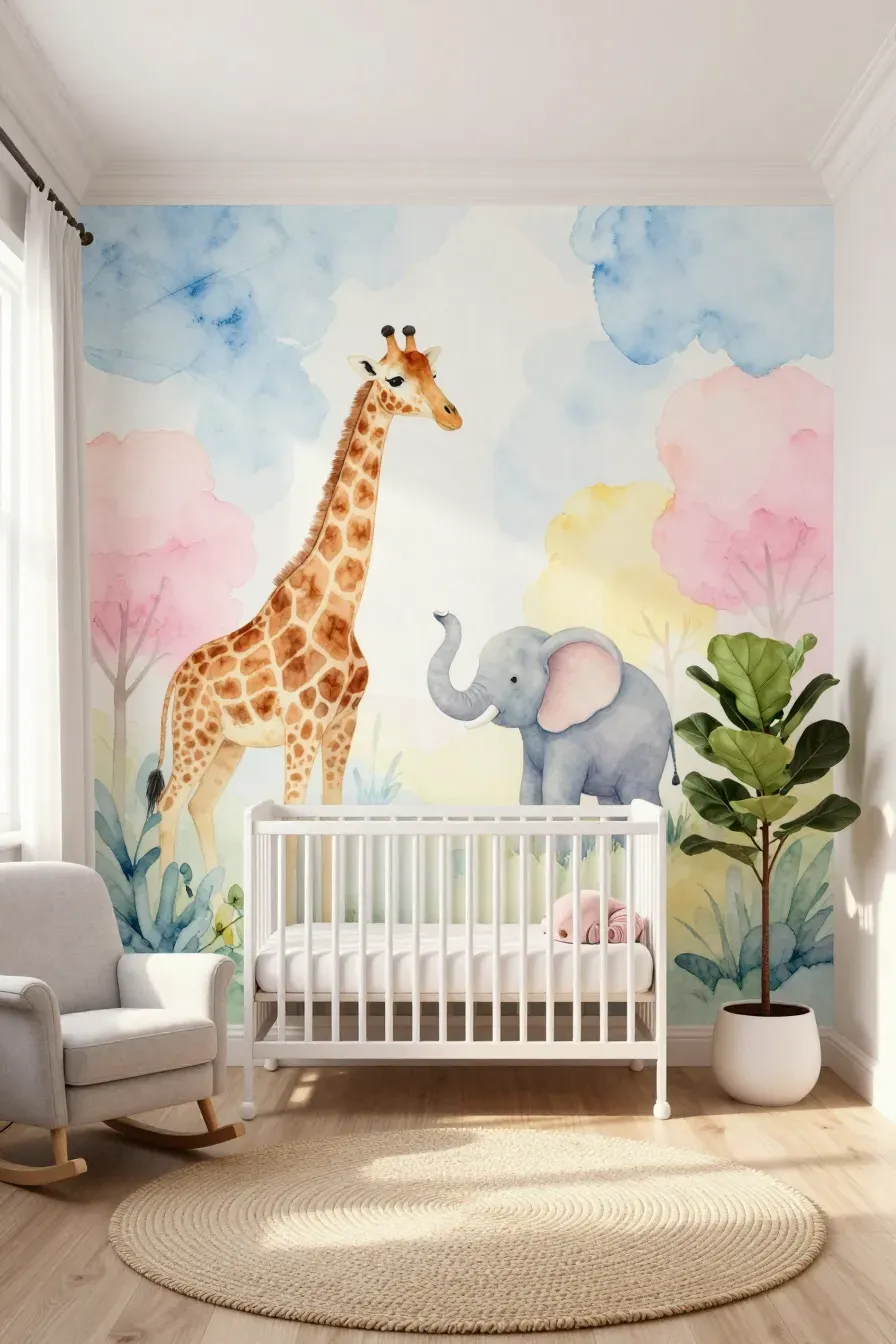 A soft pastel nursery featuring watercolor giraffe and elephant wall art behind a white crib.