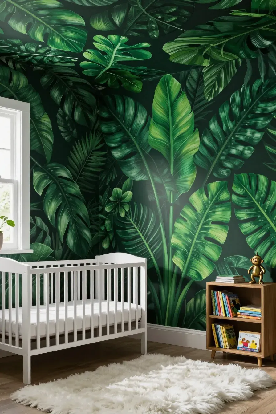 A lush nursery with floor-to-ceiling dark green jungle leaf wallpaper and a white crib.