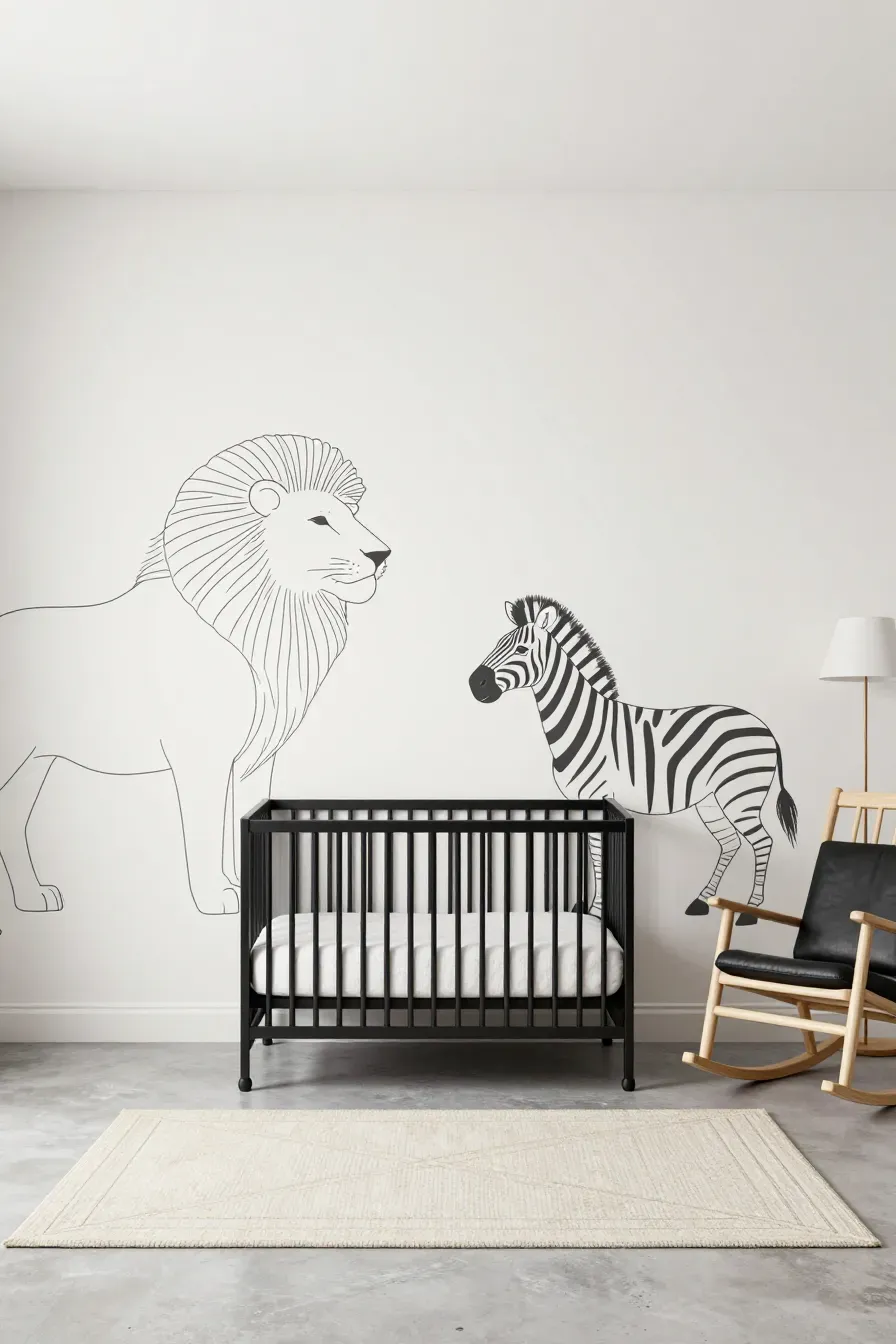 A modern nursery with black line art animals on a white wall and a black metal crib.