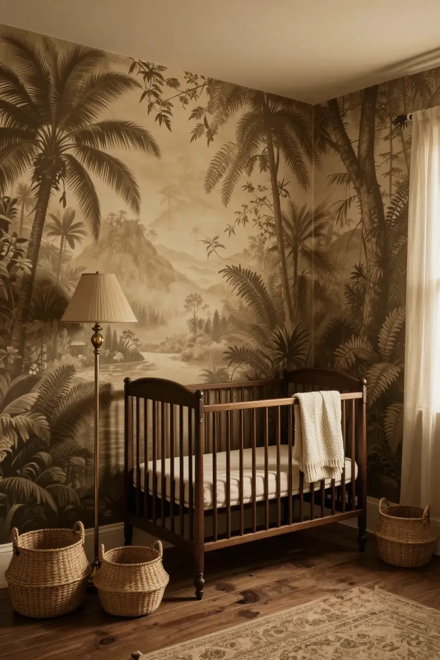 A vintage-style nursery with a sepia rainforest mural and dark wood furniture.