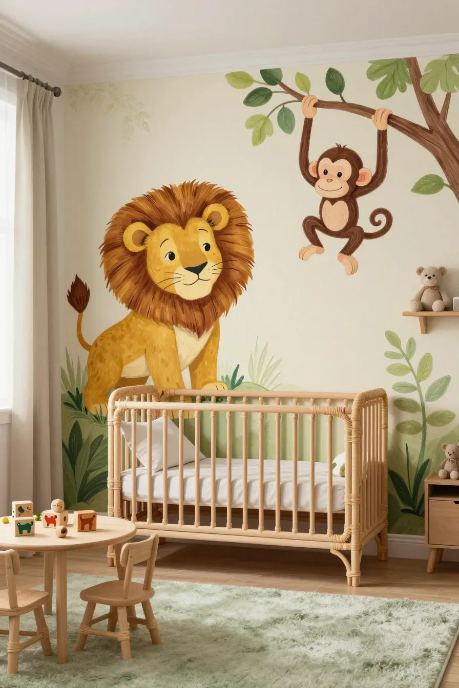 A friendly nursery with hand-painted lion and monkey illustrations and a rattan crib.