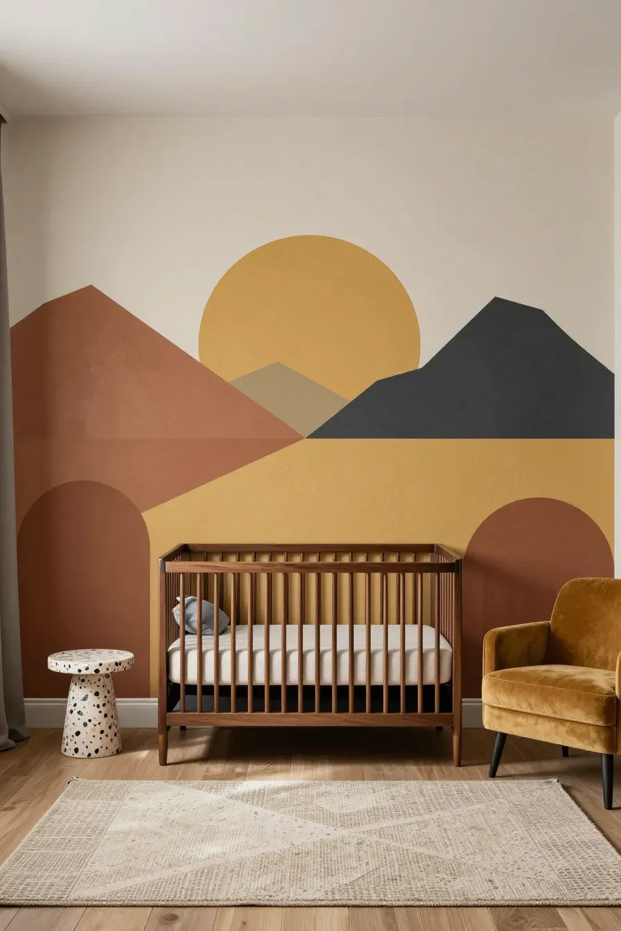 A modern nursery with abstract geometric shapes in earthy colors and mid-century furniture.
