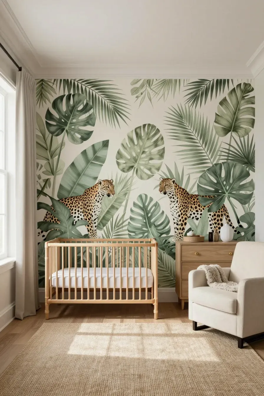 A nursery with a sage green tropical leaf mural featuring hidden leopards and rattan furniture.