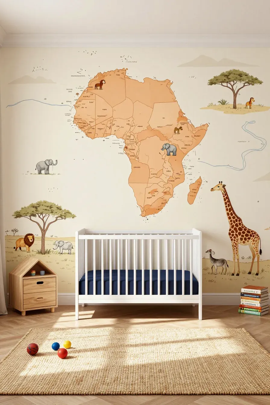 A bright nursery featuring a full-wall illustrated map of the African savannah with animal icons.