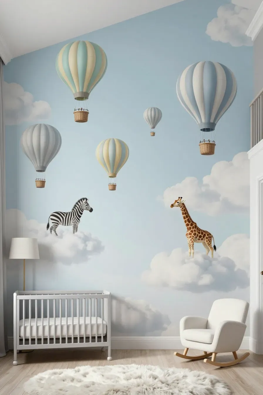 A whimsical nursery with a mural of zebras in hot air balloons floating against a blue sky.