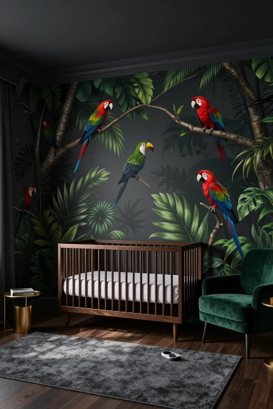 A sophisticated nursery with a dark charcoal jungle mural and bright exotic birds.
