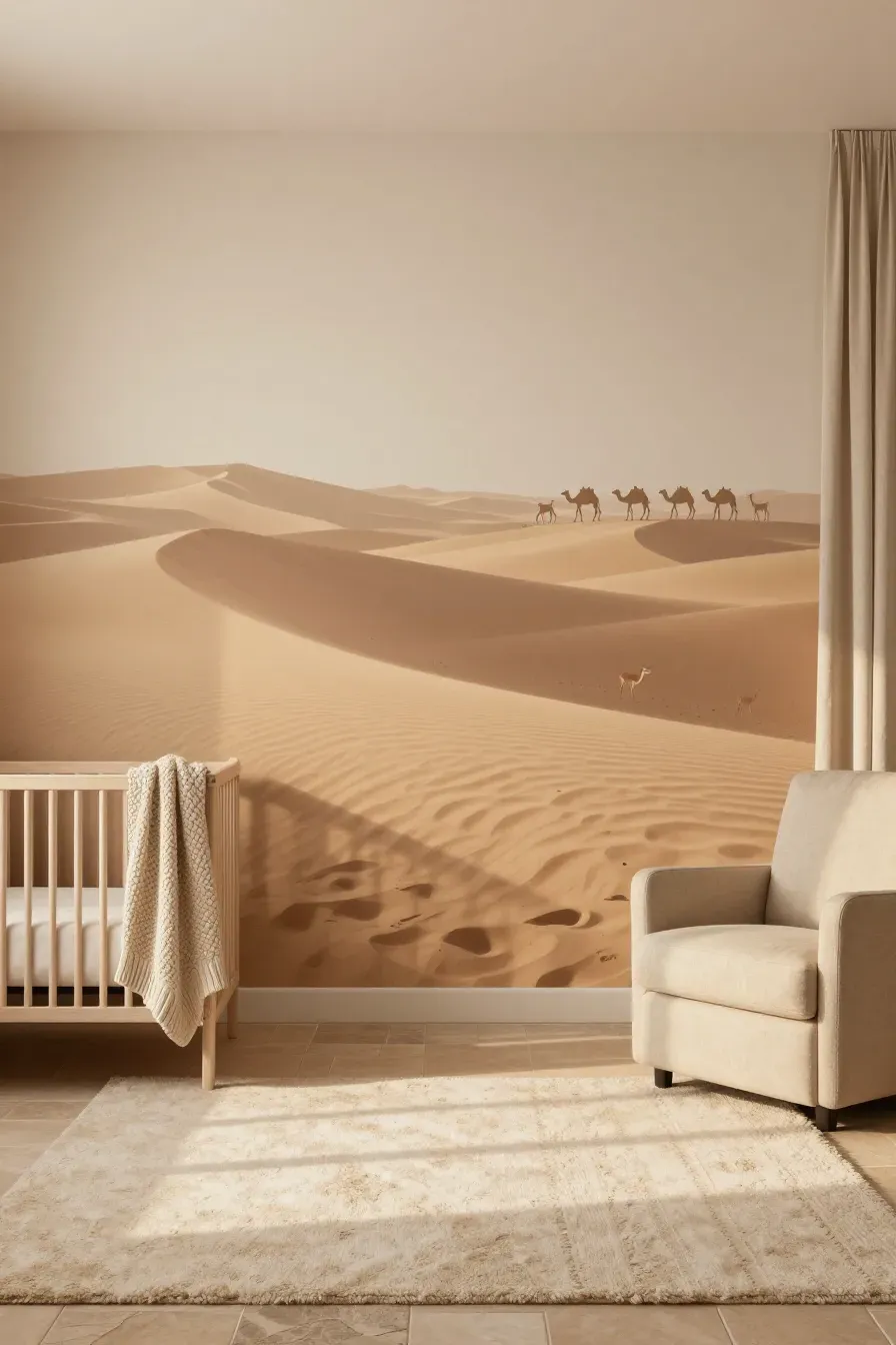 A peaceful nursery with a sand-colored desert mural featuring camel silhouettes and linen decor.