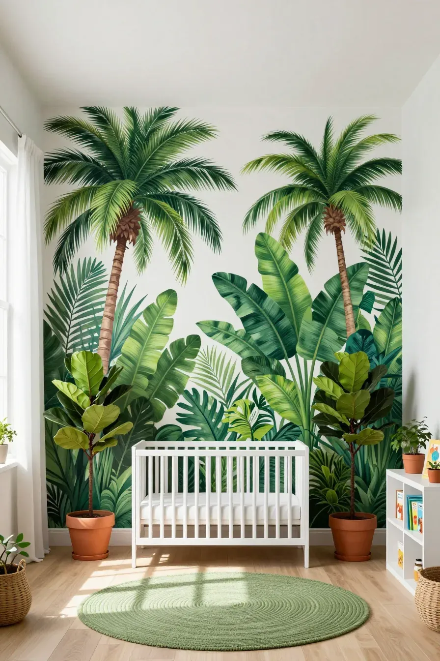 A fresh nursery with a lush botanical mural of palm trees and real indoor plants.