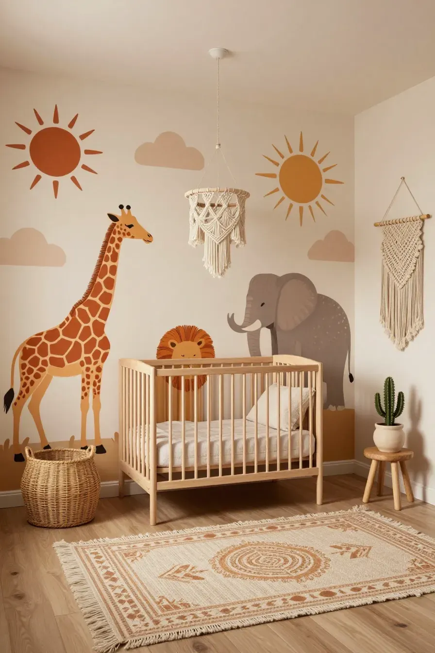 A boho nursery with earth-tone safari animal murals and macrame decor.