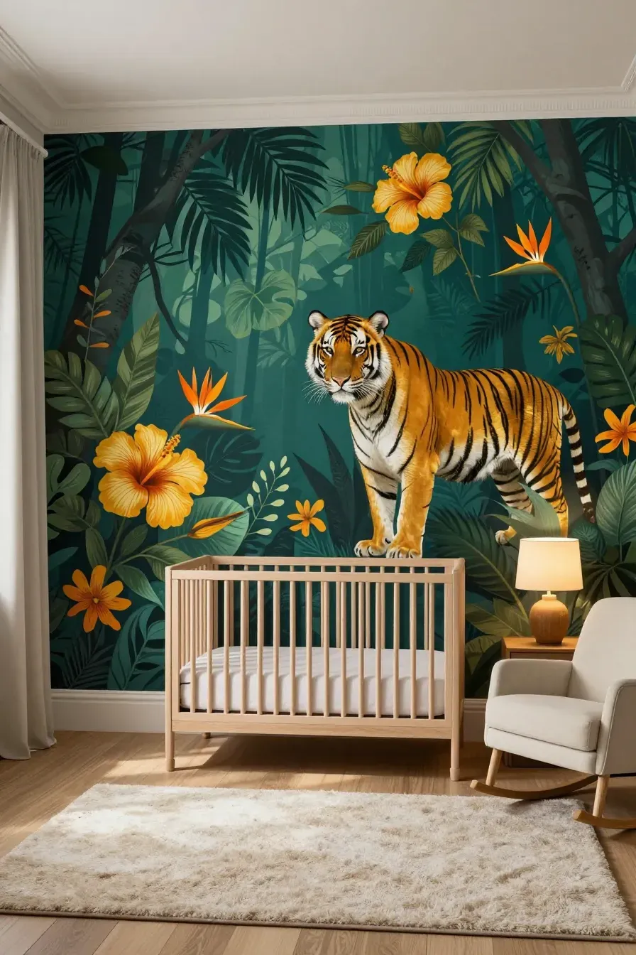 A creative nursery with a deep teal rainforest mural featuring a golden tiger and orange flowers.