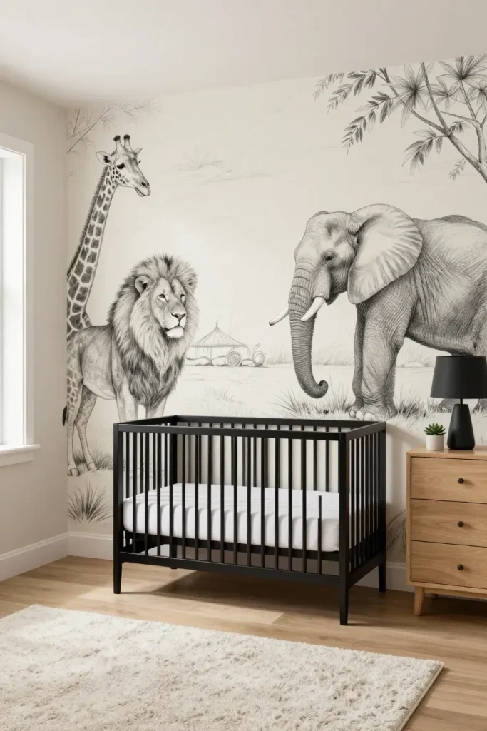 A modern nursery with a black metal crib against a monochrome pencil-sketch animal mural.