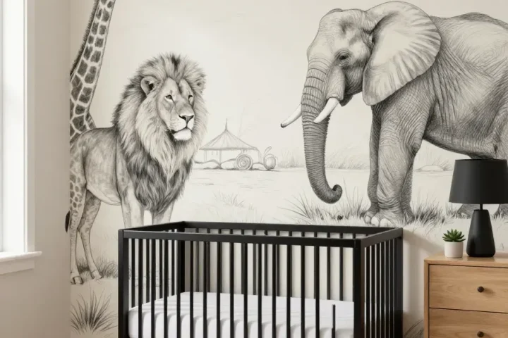 A modern nursery with a black metal crib against a monochrome pencil-sketch animal mural.