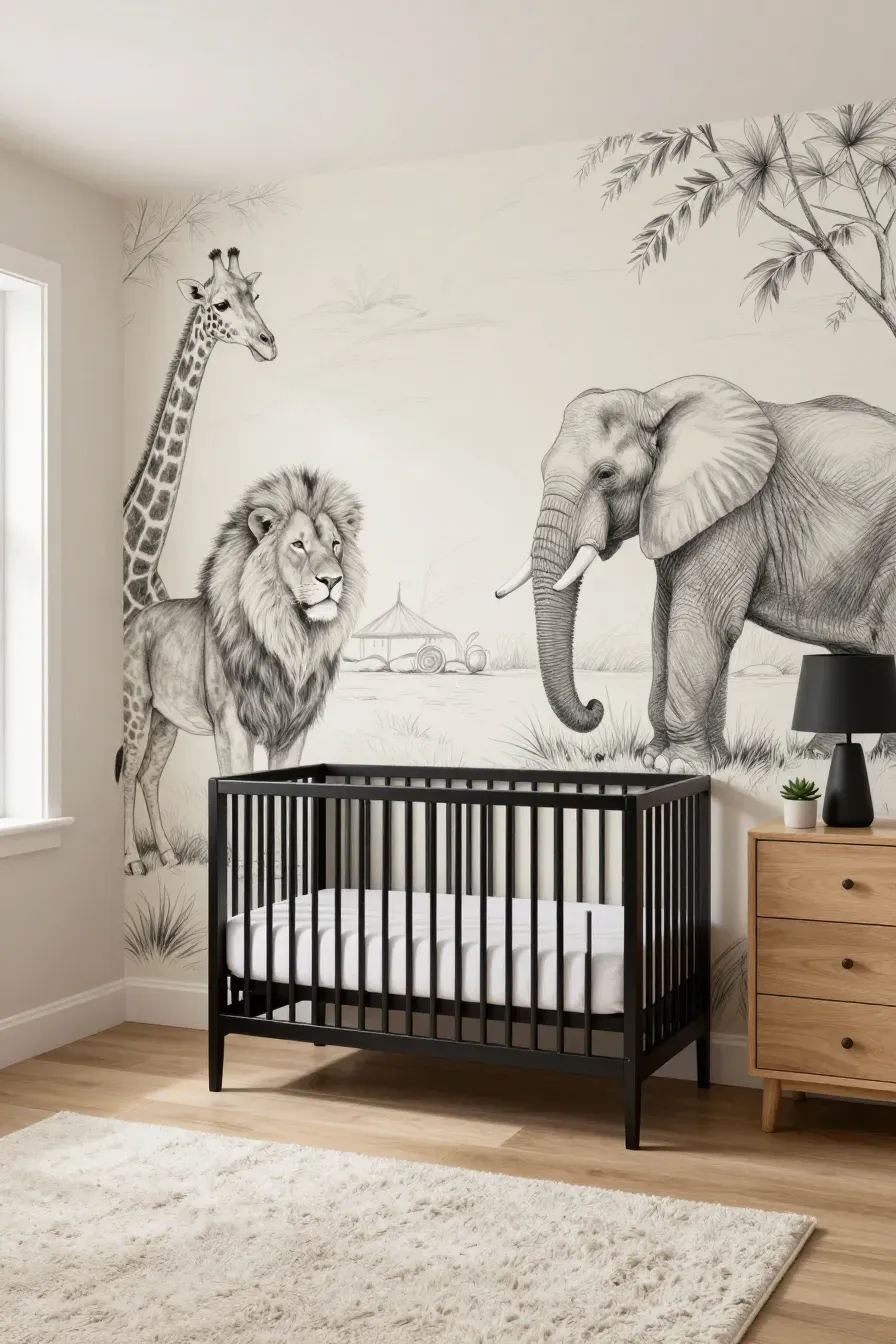 A modern nursery with a black metal crib against a monochrome pencil-sketch animal mural.