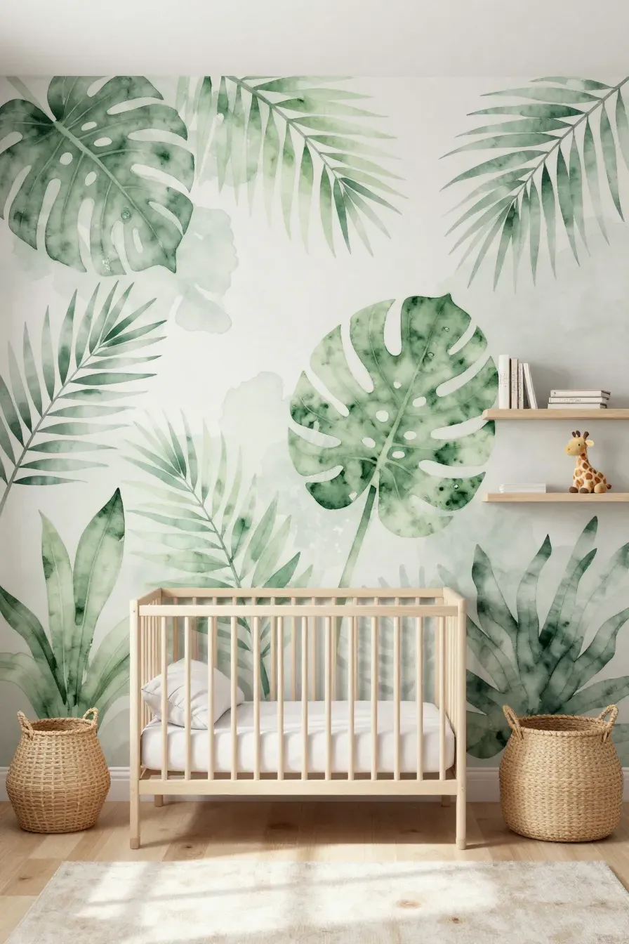 A bright nursery featuring a soft green watercolor leaf wallpaper and light wood furniture.