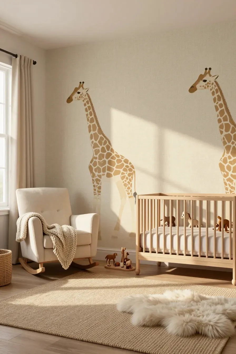 A cozy beige nursery with tonal giraffe print wallpaper and cream-colored textiles.
