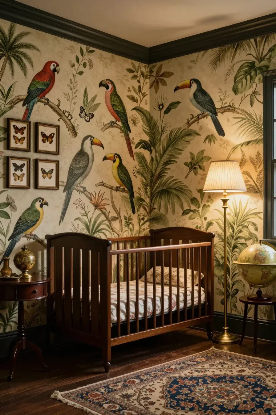A vintage-inspired nursery with botanical bird wallpaper and dark walnut furniture.