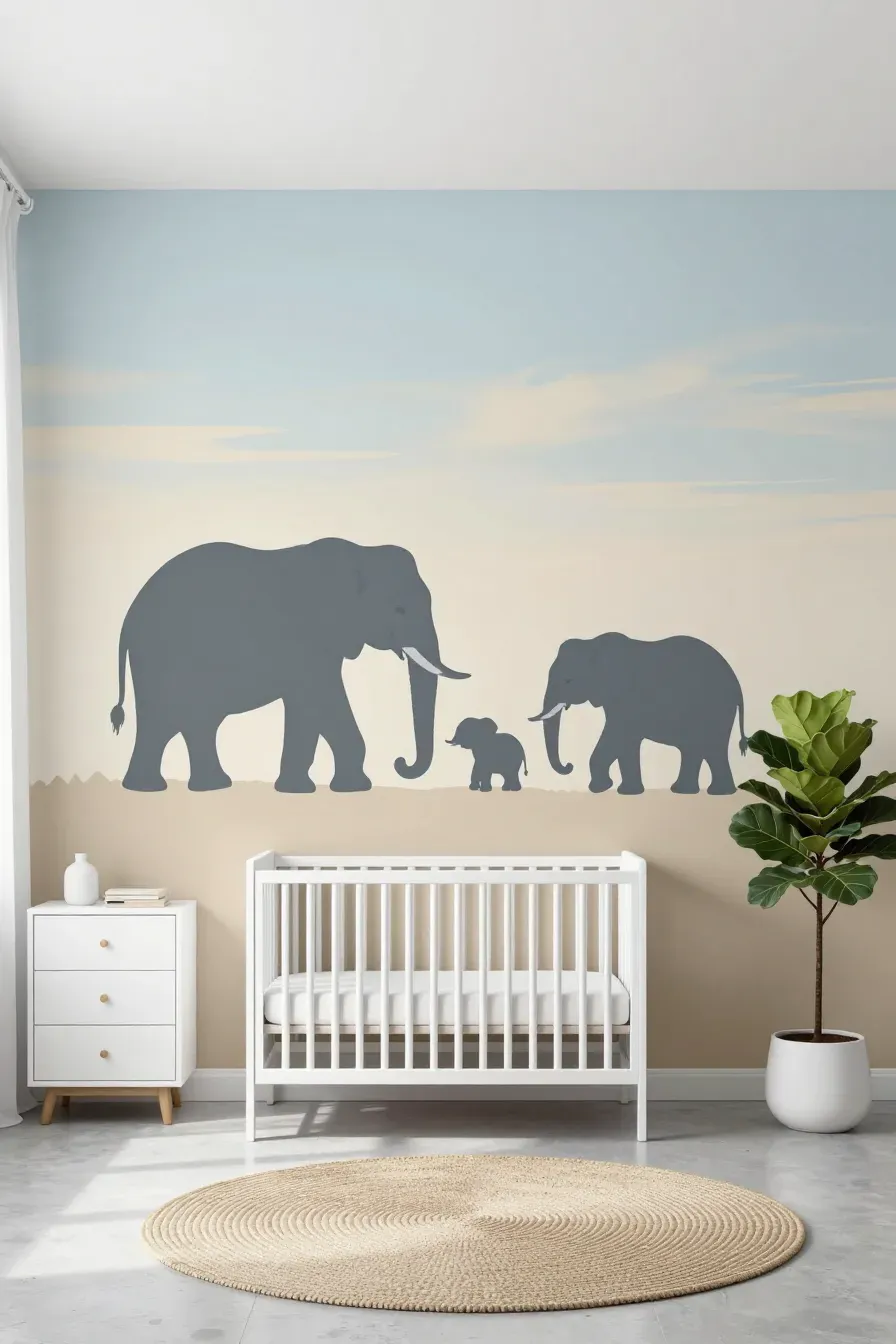 A minimalist nursery with a white crib in front of a large elephant family silhouette mural.