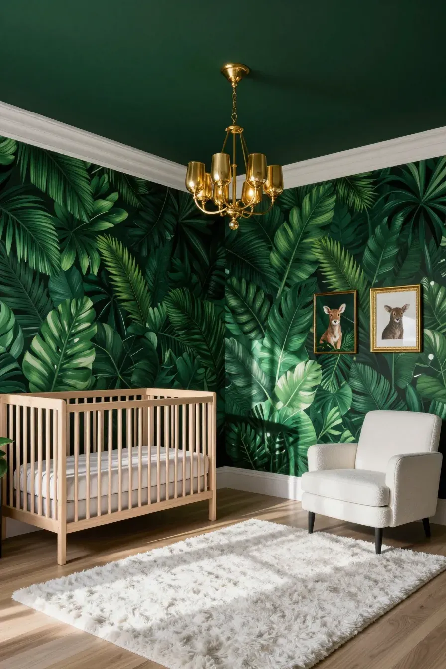 A moody nursery with deep emerald tropical wallpaper, white furniture, and gold accents.