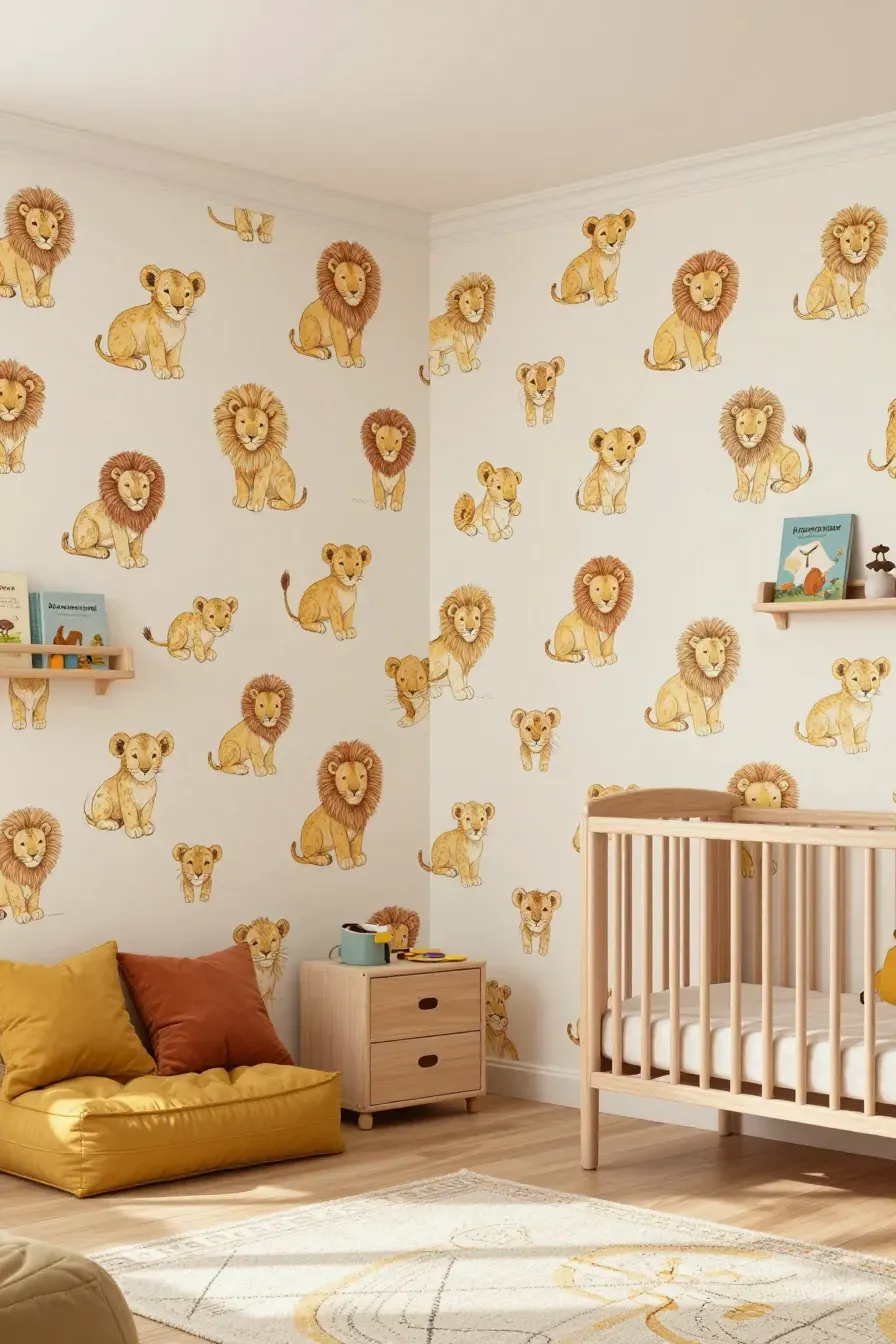 A cheerful nursery with a mustard yellow hand-drawn lion cub repeat pattern wallpaper.