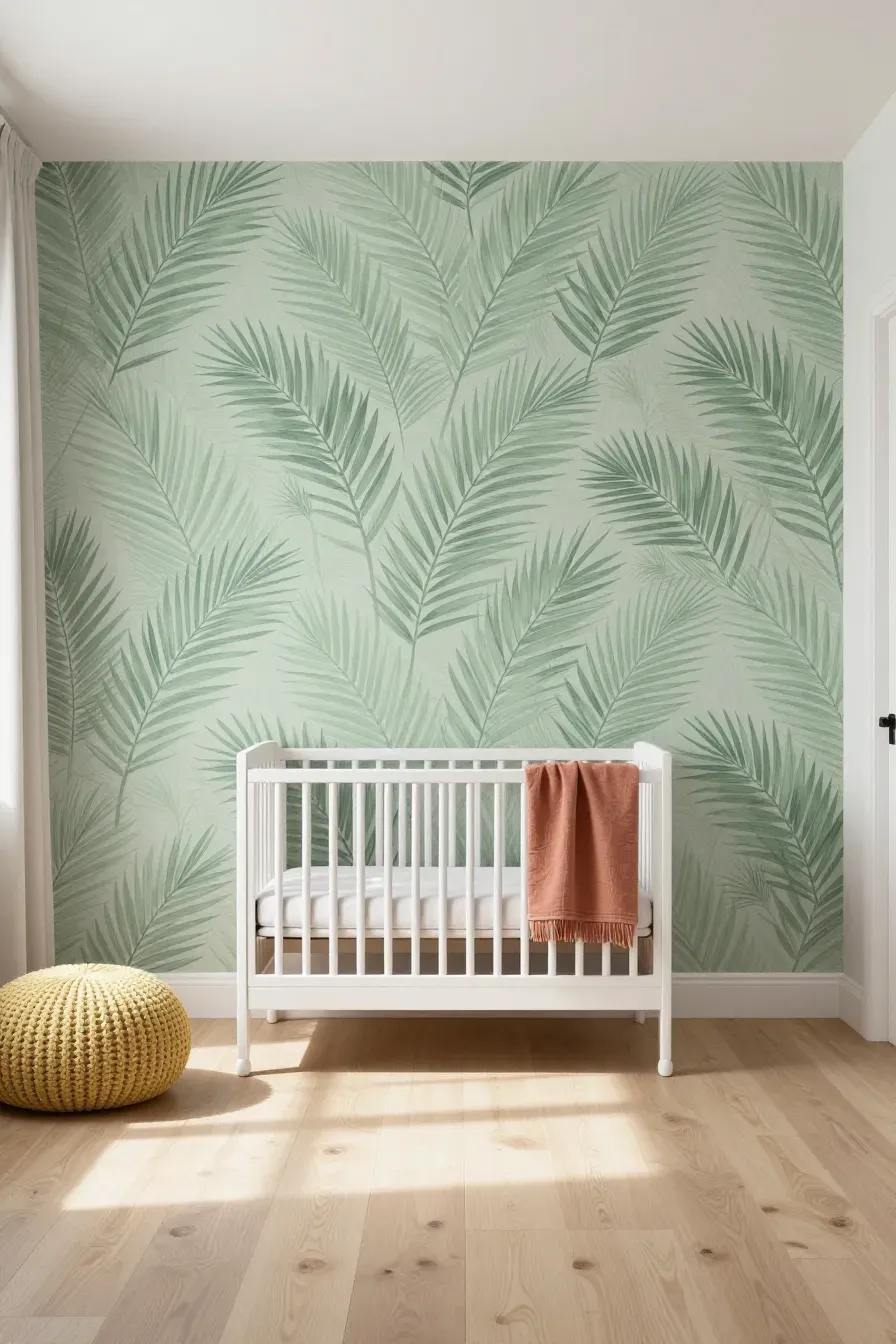 A peaceful nursery with sage green palm frond wallpaper, a white crib, and light wood floors.