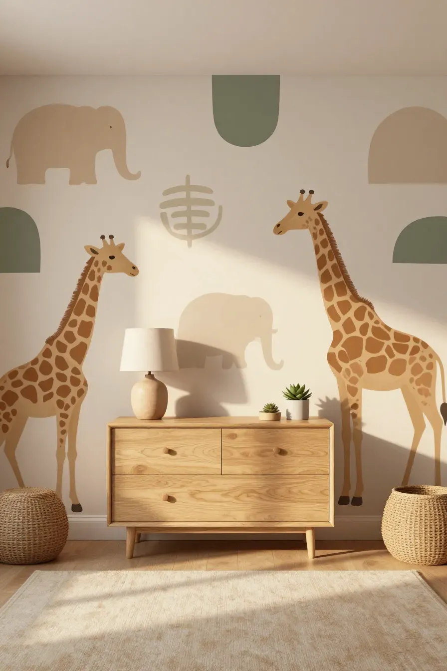 Modern nursery with abstract animal shapes in clay and olive tones on a minimalist wallpaper.