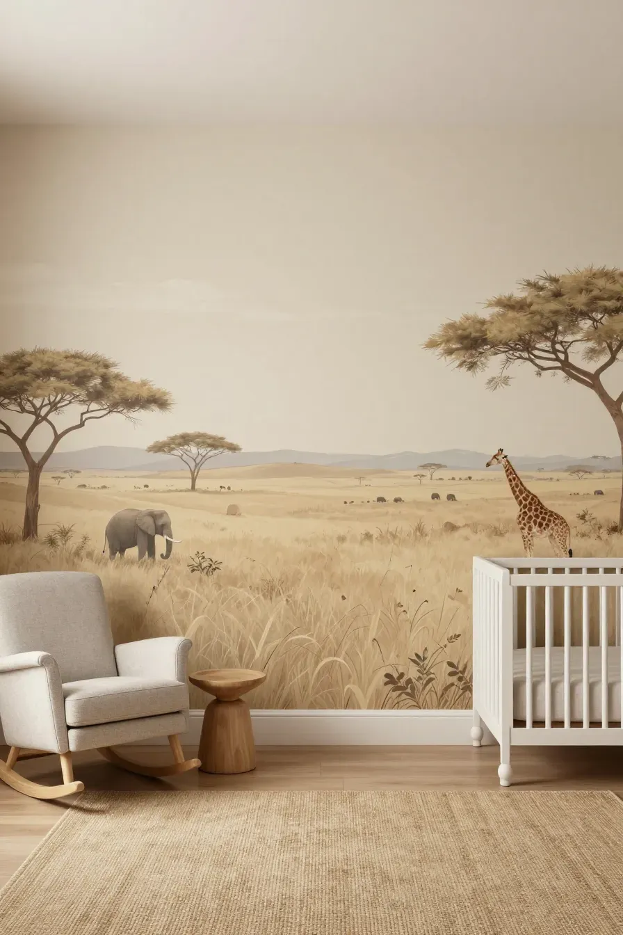 A nursery featuring a large beige panoramic mural of the African savannah with acacia trees.