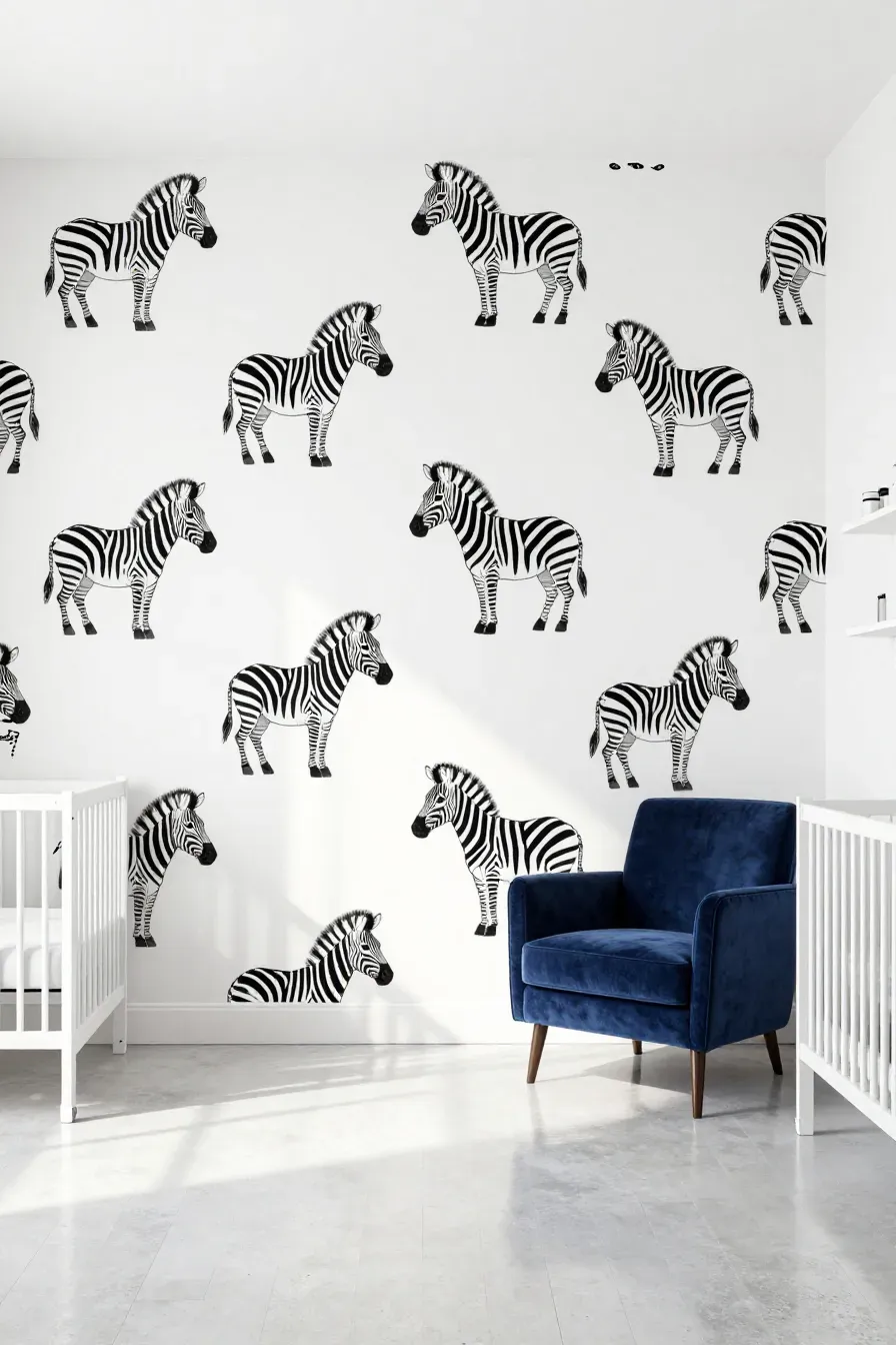 A bright nursery with black and white line art zebra wallpaper and a navy blue accent chair.