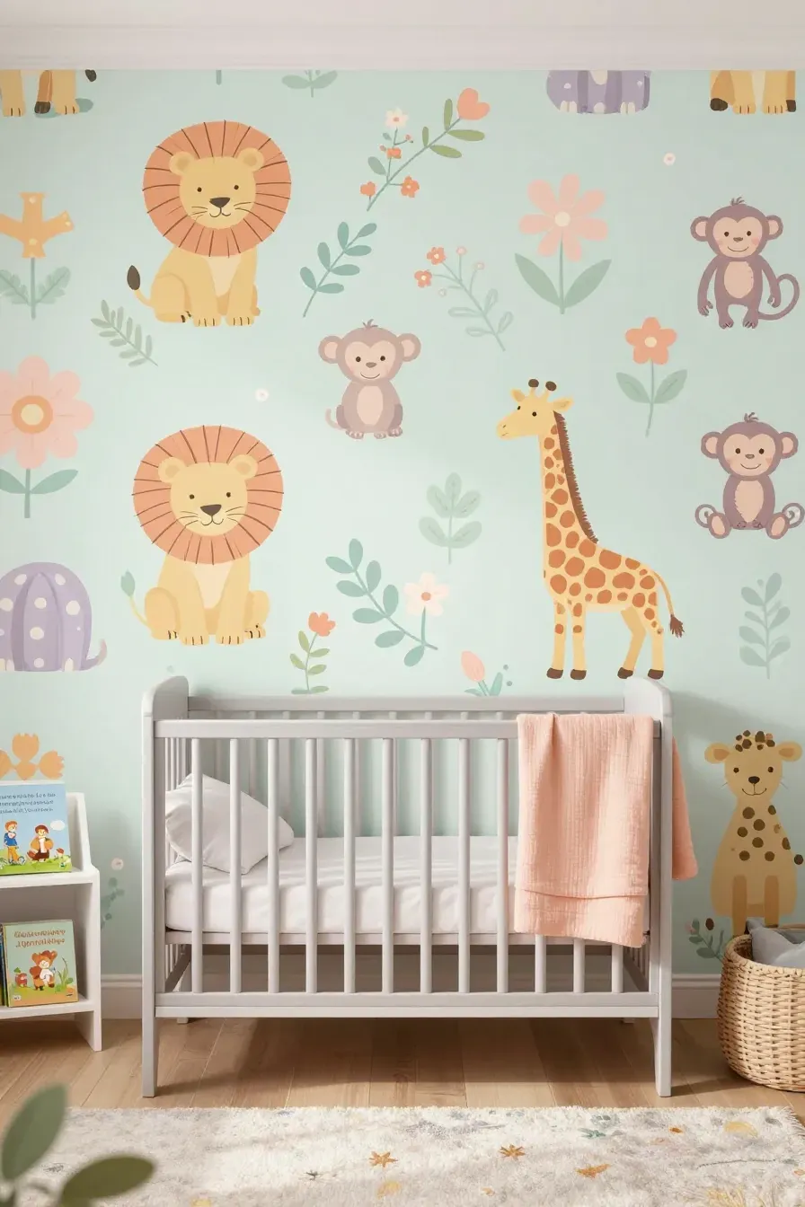 A nursery with whimsical pastel-colored jungle animals on the wallpaper and light gray furniture.