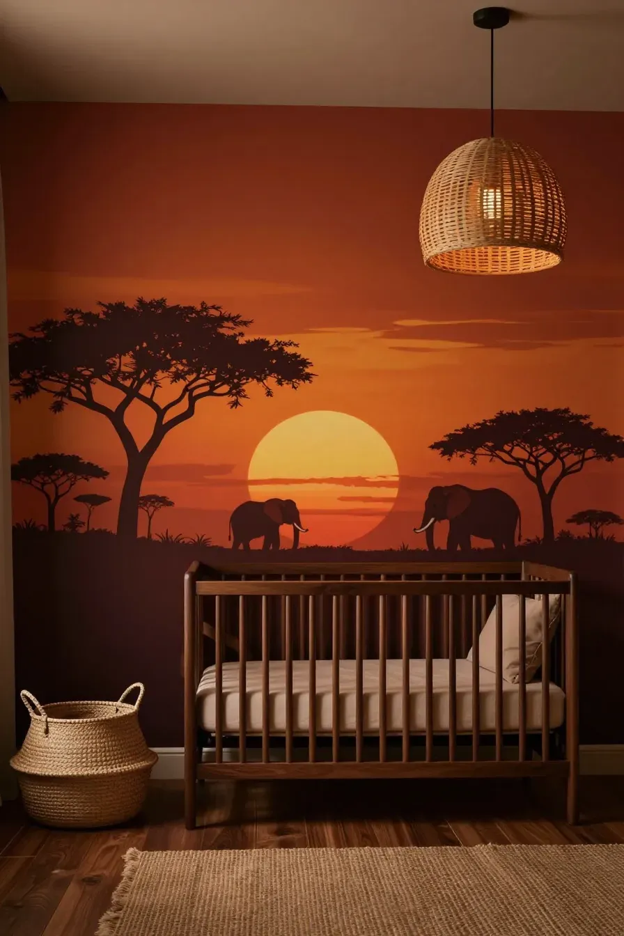 A cozy nursery with a terracotta and ochre sunset mural featuring tree silhouettes and dark wood.